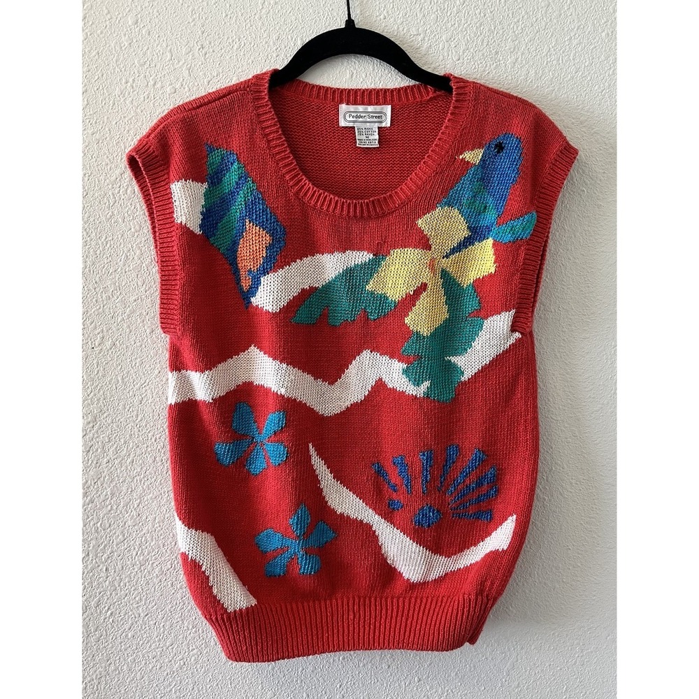Vintage 80's Women's Sweater Size Medium Sleeveless Red Parrot Artsy Pedder St